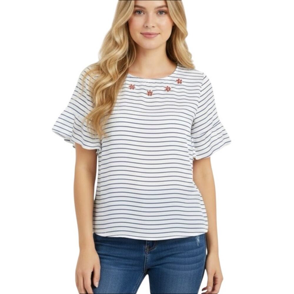 Molly Bracken Jewel Embellished White and Blue Striped Blouse Top Size Large